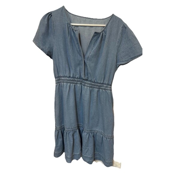 Cupshe Indigo Skies Denim Short Sleeve Mini Dress Size Large Smocked Waist - Picture 1 of 4